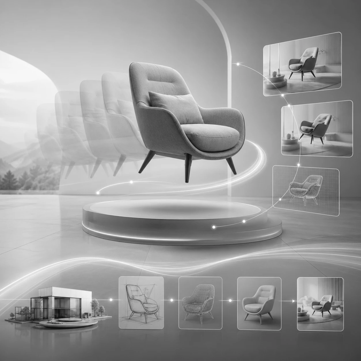 3D-Animation eines Sessels mit Bewegungsphasen und Prozessdarstellung