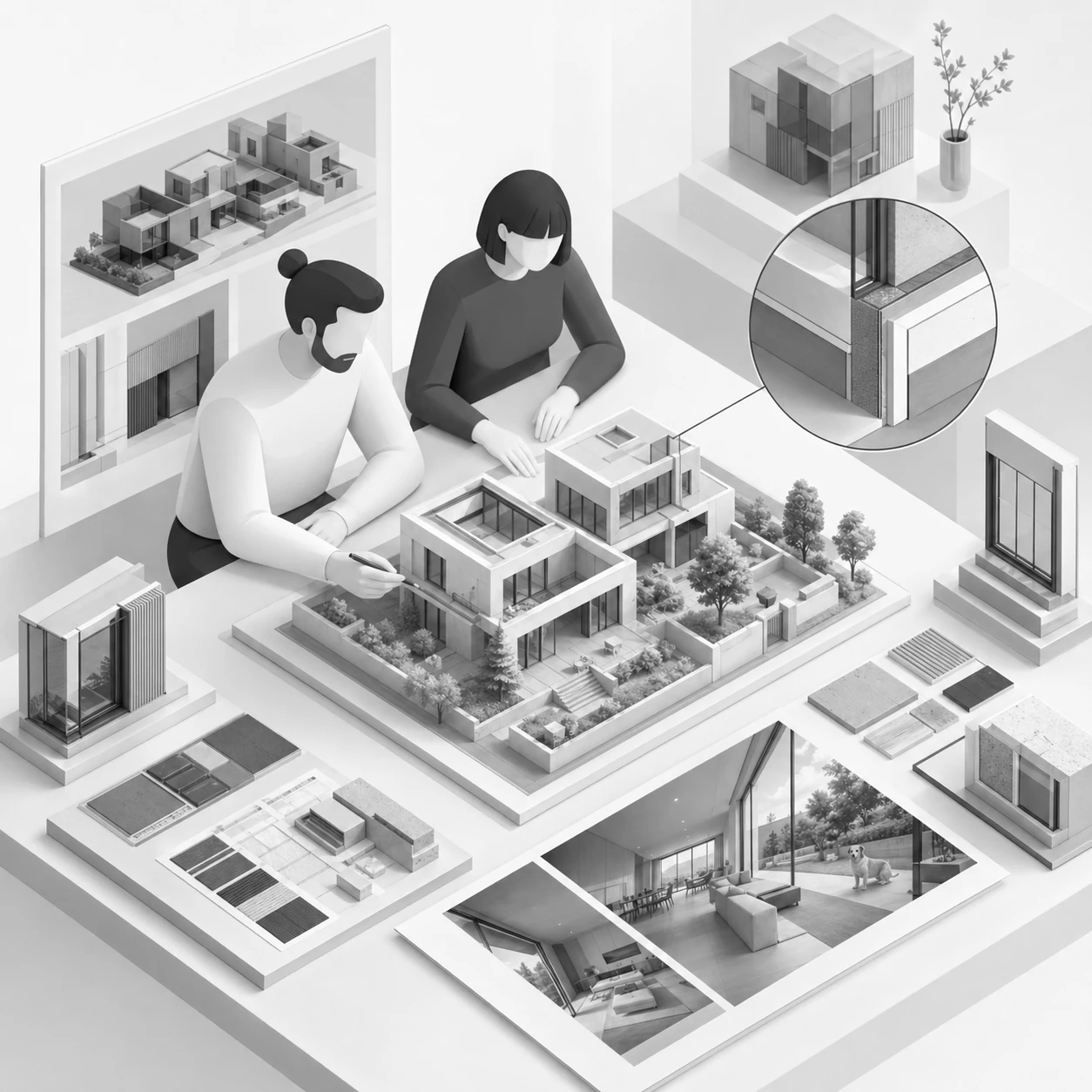 Detailreiche 3D-Visualisierung eines Architekturmodells mit Materialmustern