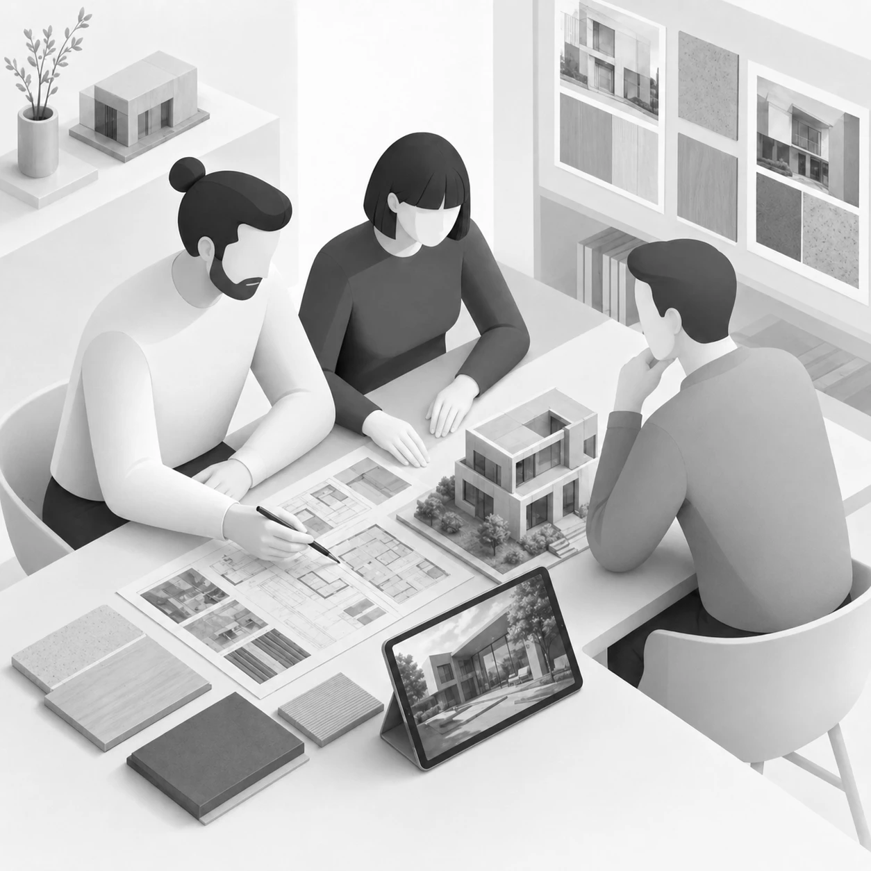 Persönliche Projektbesprechung mit Architekturmodell und Materialmustern