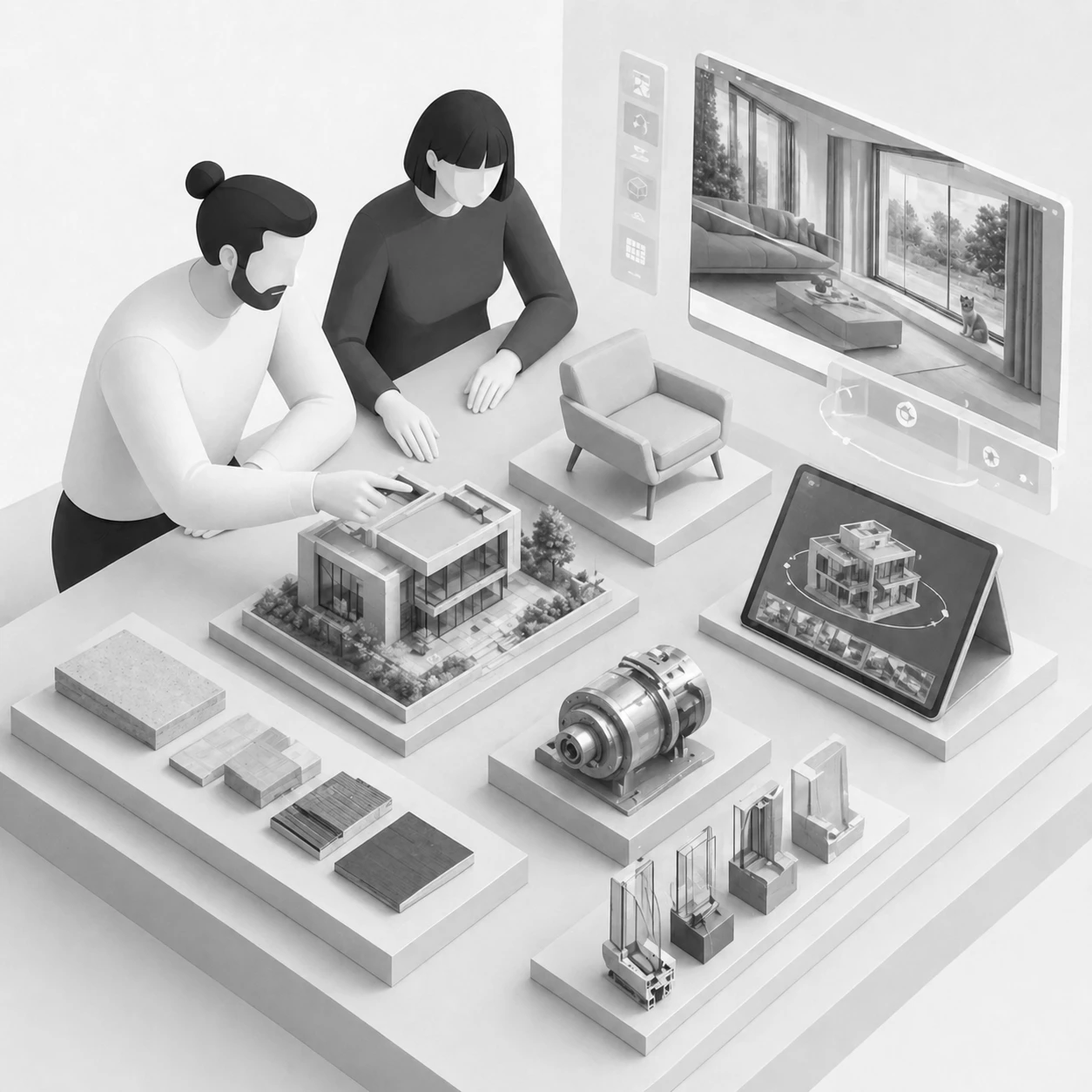 Technische Vielseitigkeit mit Architekturmodell, Produkt und Bauteil